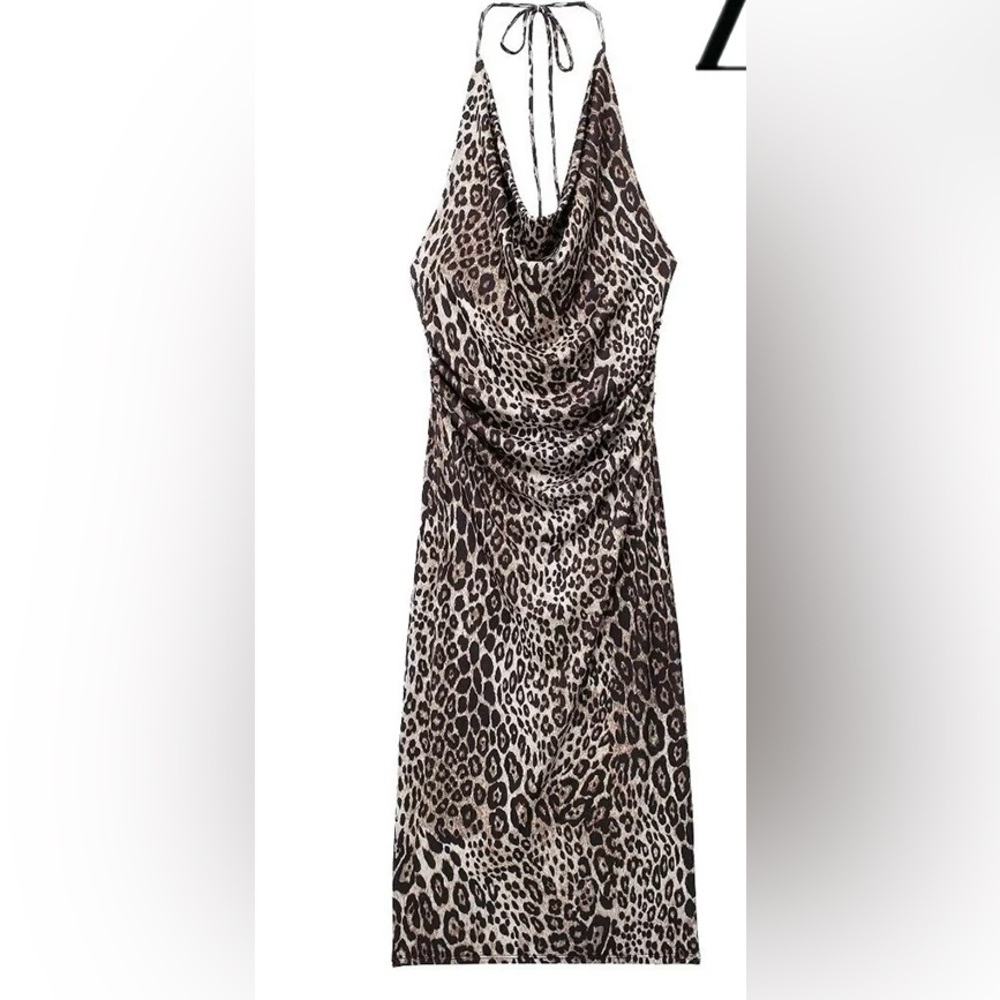 Midi Leopard Print Halter Sleeveless Dress
